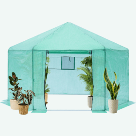 Walk-in Greenhouse Hexagonal Upgrade Reinforced Frame Heavy Duty Plastic Greenhouse Reinforced Thickened Waterproof Insulation 13.1x8.6 Ft (Color: Green)