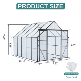 Double Door Polycarbonate Greenhouse Raised Base And Anchor Aluminum Heavy Duty Walk-in Greenhouses For Outdoor Backyard In All Season (Option: Black-8x10FT)